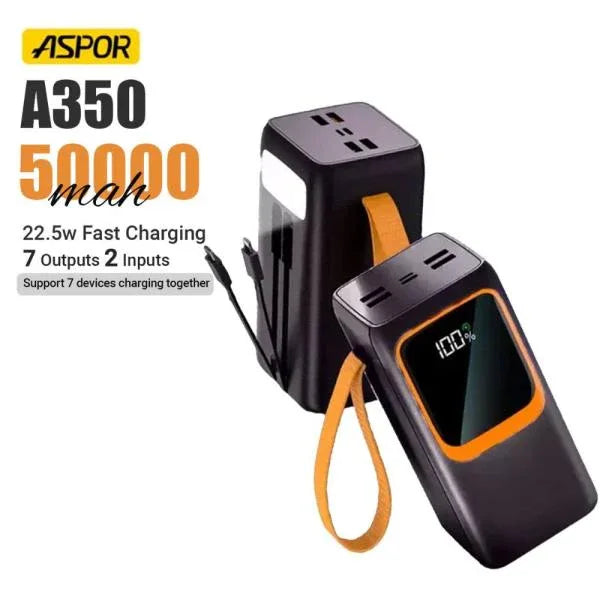 ASPOR A350 22.5W 50000MAH FAST CHARGING TYPE-C MICRO IOS 7 OUTPUT WITH BUILT-IN FLASHLIGHT POWER BANK - Shopup.pk