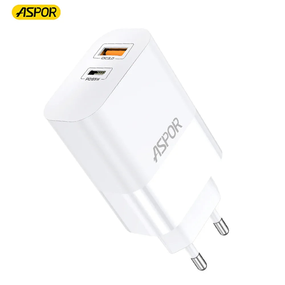 ASPOR GAN CHARGER A851 65W QC3.0 WALL CHARGER MULTI PORT USB - Shopup.pk