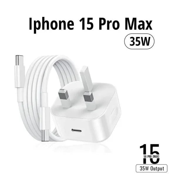 IPHONE 15 PRO MAX 3 PIN (UK PIN) 35W USB-C POWER ADAPTER WITH USB-C TO C CABLE - Shopup.pk
