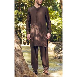 Stylish Chocolate Brown Kurta Shalwar for Men - Elevate Your Wardrobe. Image of a chocolate brown kurta shalwar set for men made from high-quality fabric